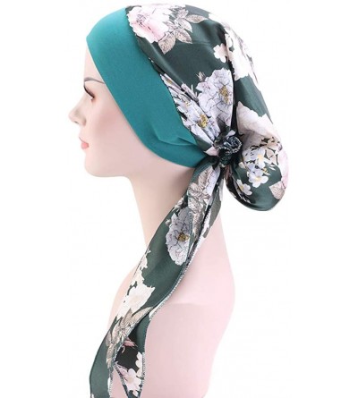 Skullies & Beanies Women Vintage Silky Turbans Bonnet Elastic Wide Band Multifunction Printing Hat Chemo Hair Loss Cap - Gree...