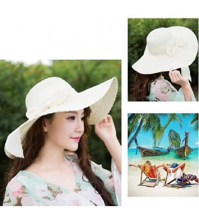 Sun Hats Women Colorful Big Brim Straw Bow Hat Sun Floppy Wide Brim Hats Beach Cap - Beige - CC18QHO6SS5 $10.99