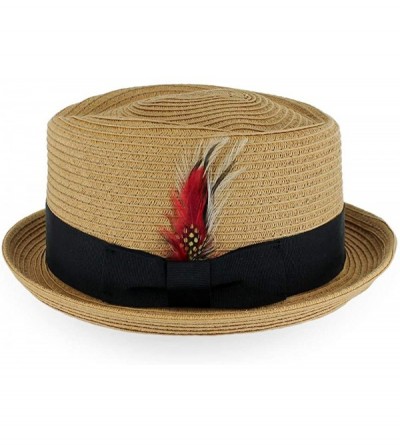 Fedoras Belfry Men/Women Summer Straw Pork Pie Trilby Fedora Hat in Blue- Tan- Black - Brjtea - CN192AENYT6 $86.68