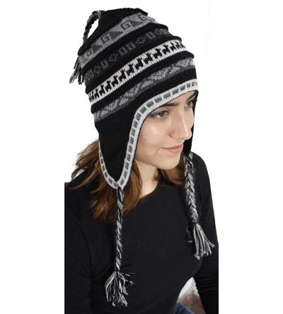 Skullies & Beanies Superfine 100% Alpaca Wool Handmade Intarsia Chullo Ski Hat Beanie Aviator Winter - Black/Gray - CA124HREJ...