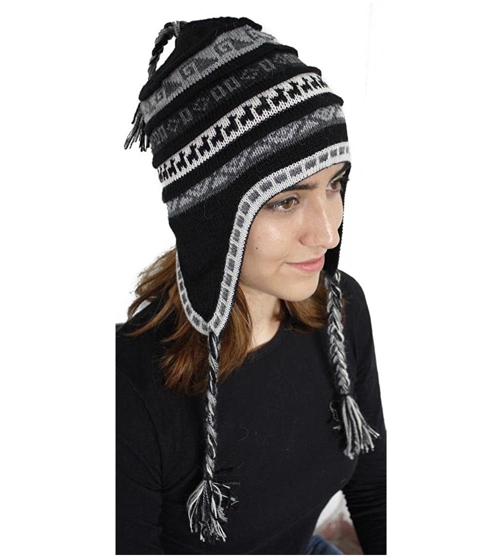 Skullies & Beanies Superfine 100% Alpaca Wool Handmade Intarsia Chullo Ski Hat Beanie Aviator Winter - Black/Gray - CA124HREJ...