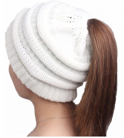 Skullies & Beanies Ponytail Messy BeanieTail Knit Bun Hat Cable Knit Hat Winter Baggy Wool Skull Cap - White - C0187DLNL0H $1...
