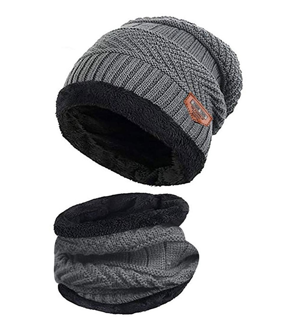 Cold Weather Headbands Men Warm Beanie Winter Thicken Hat and Scarf Two-Piece Knit Windproof Cap - Gray - CN192ZK7K2X $6.97