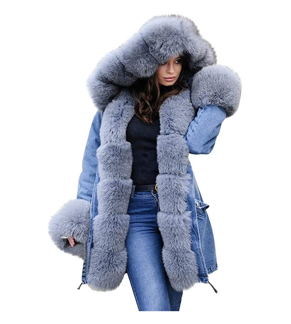 Headbands Womens Fleece Denim Jacket Hooded Coat Faux Fur Lined Warm Coats Parkas Outwear Winter Long Fishtail Overcoat - CG1...