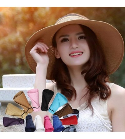 Sun Hats Women's Summer Foldable Straw Sun Visor w/Cute Bowtie UPF 50+ Packable Wide Brim Roll-Up Visor Beach Hat - Red - CU1...