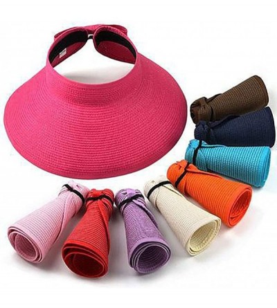 Sun Hats Women's Summer Foldable Straw Sun Visor w/Cute Bowtie UPF 50+ Packable Wide Brim Roll-Up Visor Beach Hat - Red - CU1...