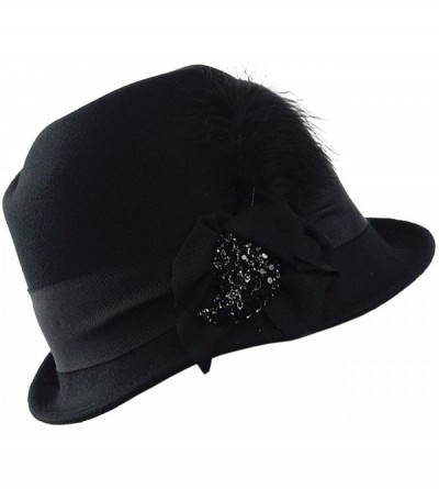 Bucket Hats Rhinestone Pendant Feather Band Accent Wool Felt Bucket Cloche Hat - Black - CB11P3HOPNZ $17.75