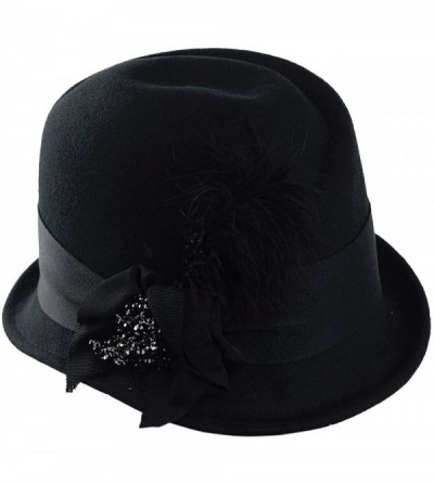 Bucket Hats Rhinestone Pendant Feather Band Accent Wool Felt Bucket Cloche Hat - Black - CB11P3HOPNZ $17.75