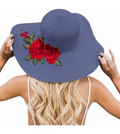 Sun Hats Women Flower Embroidery Foldable Floppy Wide Large Brim Sun Hats - Navy Blue - CZ18539QY88 $12.60