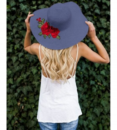 Sun Hats Women Flower Embroidery Foldable Floppy Wide Large Brim Sun Hats - Navy Blue - CZ18539QY88 $12.60