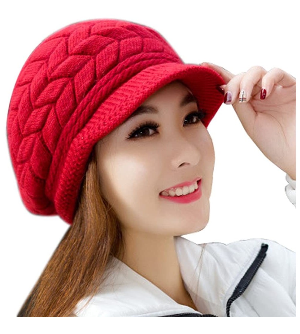 Bomber Hats Women Winter Beanie Hat Solid Knitted Beret Newsboy Skull Cap - Watermelon Red - CY18LH0DMT0 $7.47