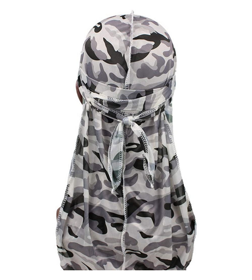 Skullies & Beanies Silky Durag for Men and Women- Star Floral Camouflage Print Long Tail Caps Headwraps Turban - Grey - C018X...
