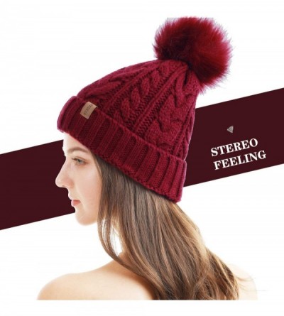 Skullies & Beanies Women Winter Pompom Beanie Hat with Warm Fleece Lined- Thick Slouchy Snow Knit Skull Ski Cap - 1 Wine Red ...