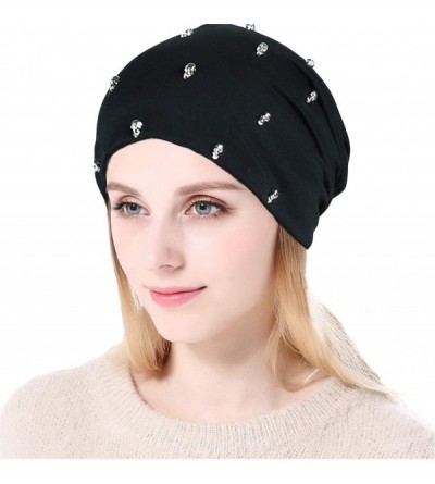 Skullies & Beanies Women's Baggy Beanies Skull Inlaid Stretch Soft Breathable Slouchy Turban Bonnet Caps - Black - CW18XWRN2L...