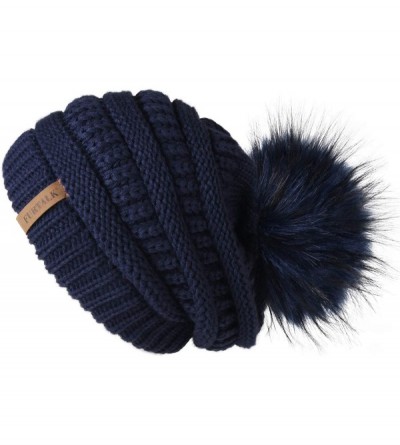 Skullies & Beanies Womens Winter Knit Slouchy Beanie Hat Warm Skull Ski Cap Faux Fur Pom Pom Hats for Women - 16- Navy With N...