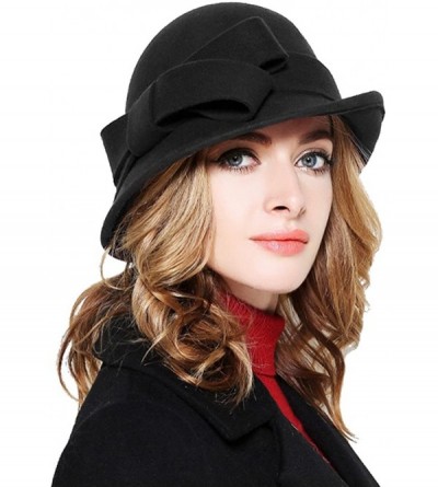 Bucket Hats Women Solid Color Winter Hat 100% Wool Cloche Bucket with Bow Accent - Black - CU12NSJLIL5 $24.60
