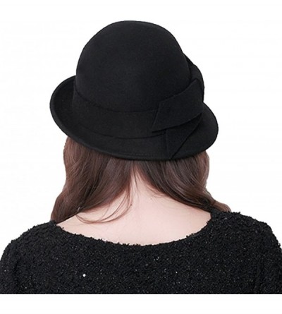 Bucket Hats Women Solid Color Winter Hat 100% Wool Cloche Bucket with Bow Accent - Black - CU12NSJLIL5 $24.60