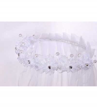 Headbands Flower Girls White First Communion Veil Headband with Bow - White (Flower Bead Wreath) - CK18QTKCNSO $10.21