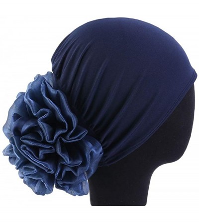 Skullies & Beanies 1Pack / 2Packs Women Flower Elastic Turban Beanie Head Wrap Chemo Cap Hat - Navy - CQ18OX06ZMX $10.46