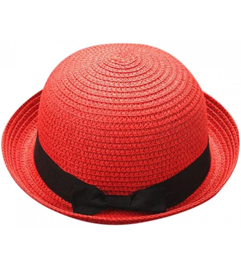 Fedoras Sun Hats Caps- Adult Parent & Kids Bowknot Breathable Hat Straw Hat Summer Beach Hat - Red - C118EXAE6NW $8.89