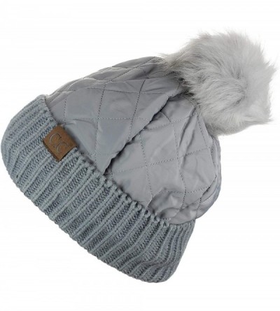 Skullies & Beanies Soft Quilted Puffer Detachable Faux Fur Pom Inner Lined Cuff Beanie Hat - Gray - CD18KAKUSUN $14.23