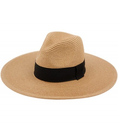 Fedoras Straw Panama Fedora Sun Hat in Solid Color W/Black Grosgrain Band Trim - Lt Brown - C117YNREH7W $57.96