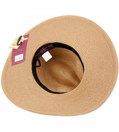 Fedoras Straw Panama Fedora Sun Hat in Solid Color W/Black Grosgrain Band Trim - Lt Brown - C117YNREH7W $22.92