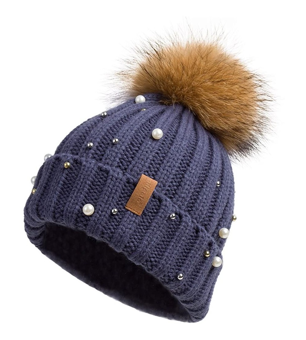 Skullies & Beanies Women Knit Winter Turn up Beanie Hat with Pearl and Fur Pompom - Blue(gold Pompom) - CP185K992SE $16.37