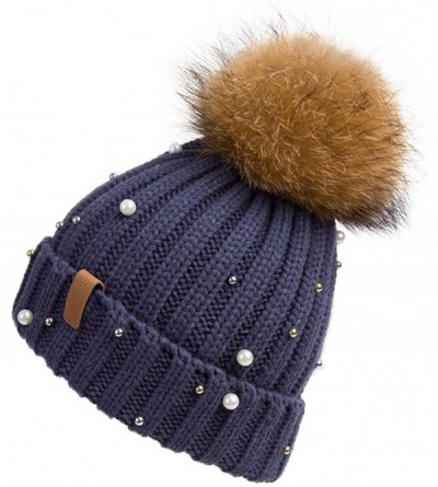 Skullies & Beanies Women Knit Winter Turn up Beanie Hat with Pearl and Fur Pompom - Blue(gold Pompom) - CP185K992SE $16.37