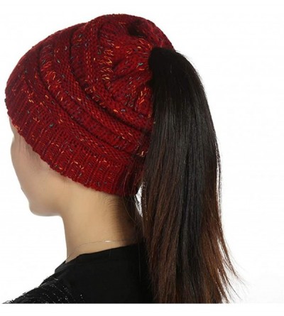 Skullies & Beanies Women Warm Stretch Cable Knit Ponytail Beanie Skully - Chunky Soft Confetti Knit Beanie Hats - Red - CO18A...