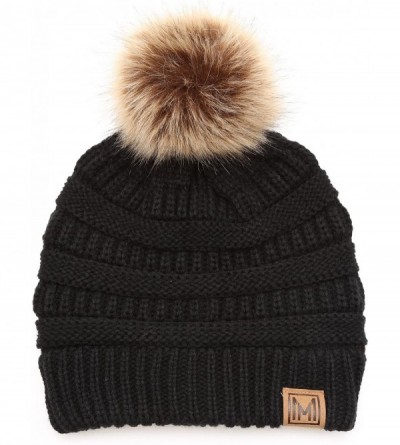 Skullies & Beanies Women's Soft Stretch Cable Knit Warm Skully Faux Fur Pom Pom Beanie Hats - 2 Pack - Black & Navy - CY18L4Q...
