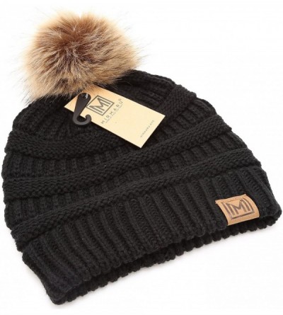 Skullies & Beanies Women's Soft Stretch Cable Knit Warm Skully Faux Fur Pom Pom Beanie Hats - 2 Pack - Black & Navy - CY18L4Q...