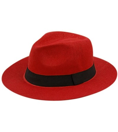 Sun Hats Wide Brim Paper Straw Fedora- Classic C Crown Panama Sun Hat (1 Size Fits Most) - Red - CK18EQTK8IA $16.60