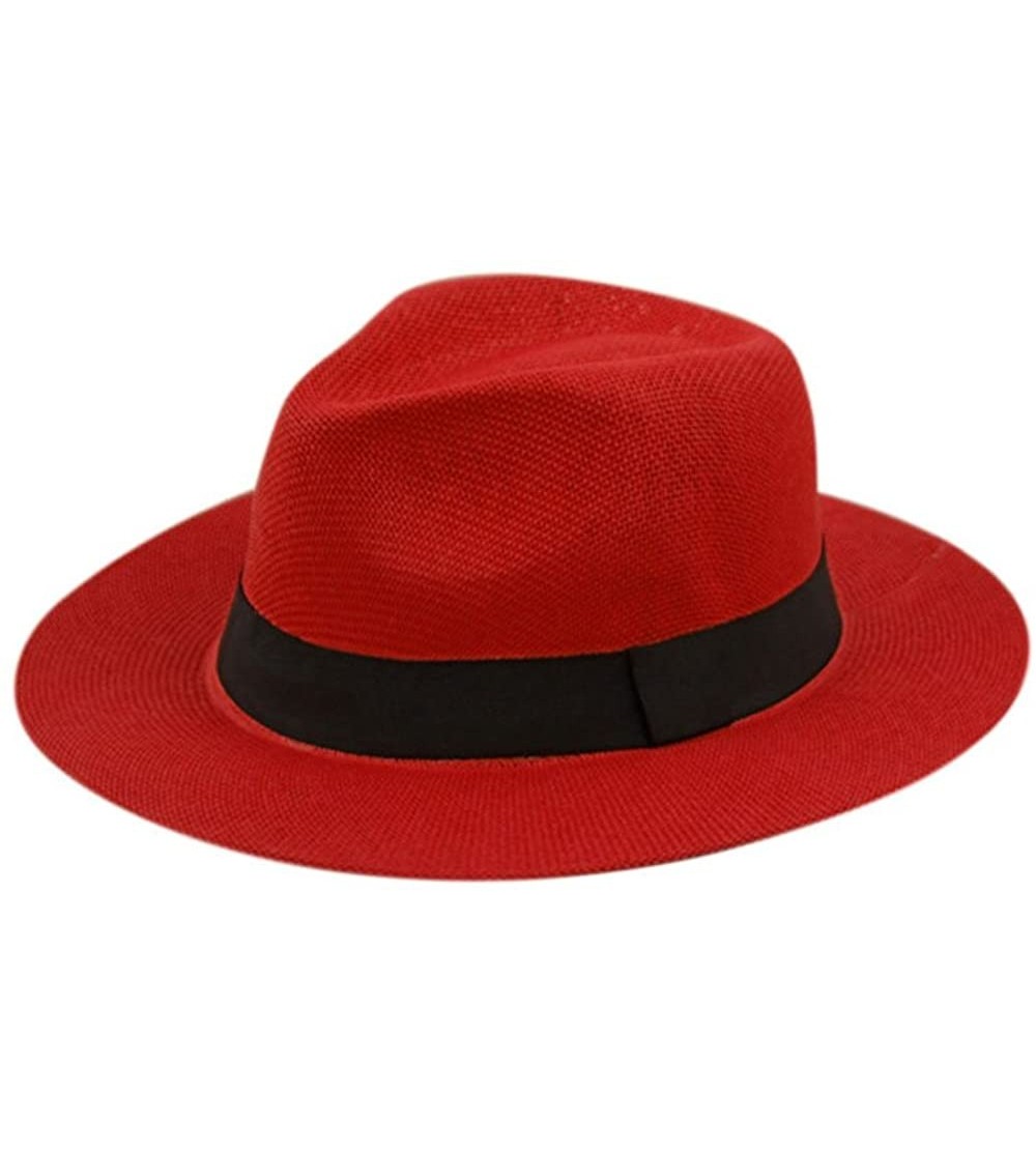 Sun Hats Wide Brim Paper Straw Fedora- Classic C Crown Panama Sun Hat (1 Size Fits Most) - Red - CK18EQTK8IA $16.60