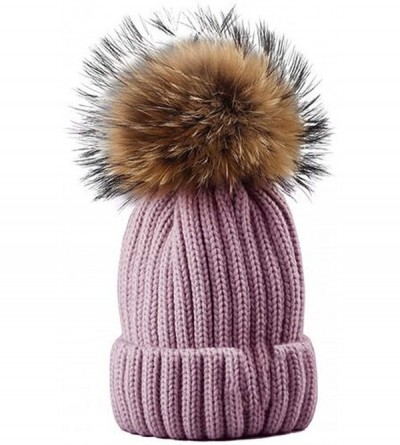 Skullies & Beanies Knitted Real Fur Hat 100% Real Raccoon Fur Pom Pom Hat Winter Women Hat Beanie for Women - Lotus Pink - CO...