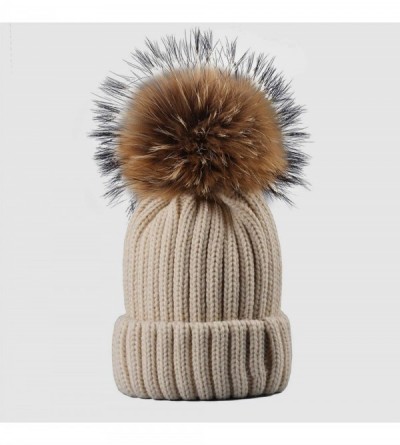 Skullies & Beanies Knitted Real Fur Hat 100% Real Raccoon Fur Pom Pom Hat Winter Women Hat Beanie for Women - Lotus Pink - CO...