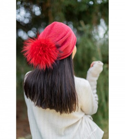 Skullies & Beanies Women's Winter 100% Pure Cashmere Beanie hat with Detachable Real Fur Pompom - Red - C01939LMD63 $39.69