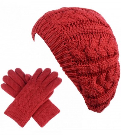 Berets Womens Winter Cozy Cable Fleece Lined Knit Beret Beanie Hat (Set Available) - Red Cable Hat Gloves Set - CA18UWN8KOI $...