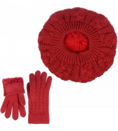 Berets Womens Winter Cozy Cable Fleece Lined Knit Beret Beanie Hat (Set Available) - Red Cable Hat Gloves Set - CA18UWN8KOI $...