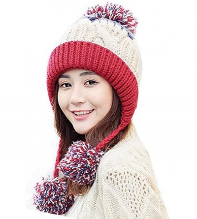Skullies & Beanies Women Winter Soft Knitted Beanie Hat Ski Ear Flaps Caps for Girls Warm Hats - Beige Red-2 - CA18K60MN99 $1...