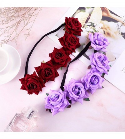 Headbands 2 Pieces Rose Flower Crown Mexican Headband Wedding Headband Hair Garland Wedding for Women and Girl (Color 1) - CE...