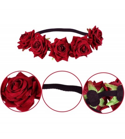 Headbands 2 Pieces Rose Flower Crown Mexican Headband Wedding Headband Hair Garland Wedding for Women and Girl (Color 1) - CE...