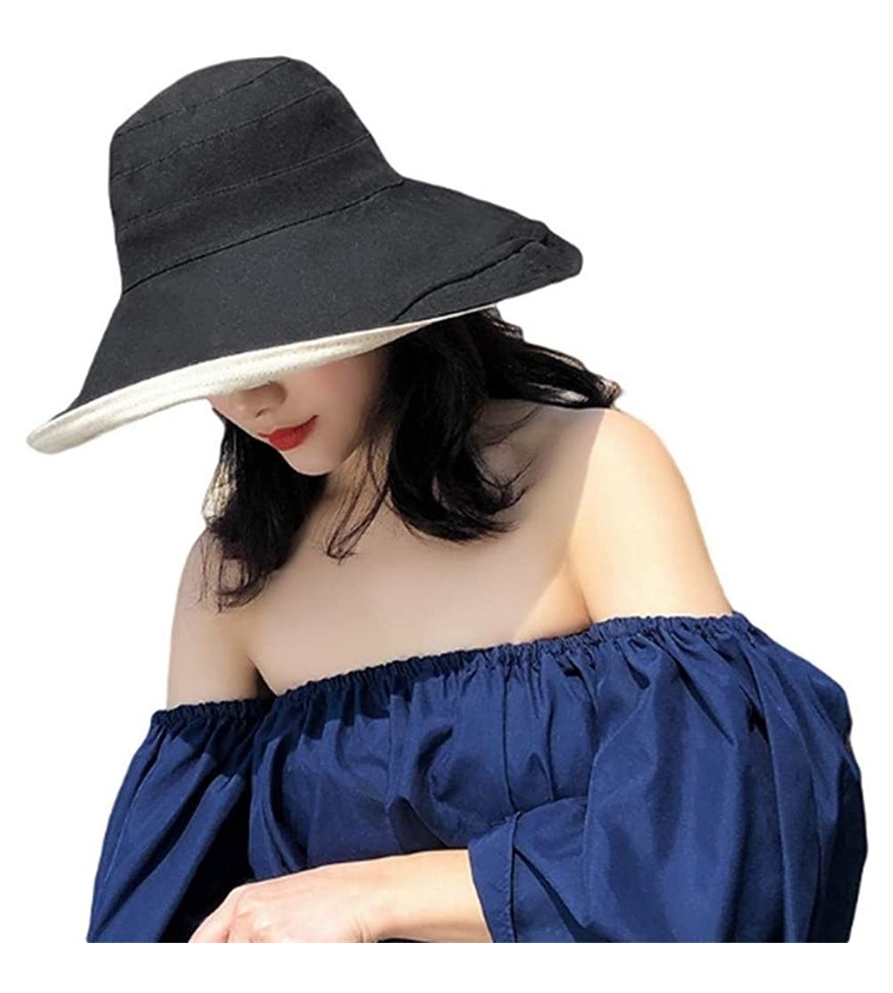 Sun Hats Women's Foldable Flap Cover UV Protective Wide Brim Bucket Cotton Beach Sun Hat Summer Hat - Black White - C118W5KT2...