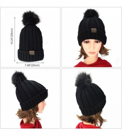 Skullies & Beanies Womens Beanie Winter Hat Slouchy Knit Chunky Faux Fur Warm Linling Poms Hat Bobble Hat Ski Cap - Black - C...