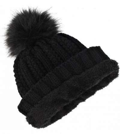 Skullies & Beanies Womens Beanie Winter Hat Slouchy Knit Chunky Faux Fur Warm Linling Poms Hat Bobble Hat Ski Cap - Black - C...