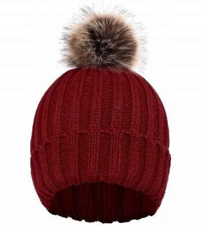 Skullies & Beanies Cute Fluffy Fur Pompom Knit Winter Beanie Hat - Burgundy - CI188IOUU73 $13.95