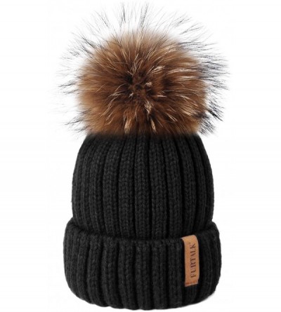 Skullies & Beanies Winter Knit Hat Detachable Real Raccoon Fur Pom Pom Womens Girls Warm Knit Beanie Hat - CI12JCHCAOL $15.62