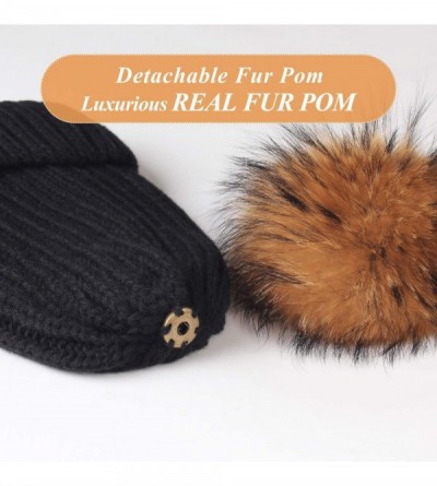Skullies & Beanies Winter Knit Hat Detachable Real Raccoon Fur Pom Pom Womens Girls Warm Knit Beanie Hat - CI12JCHCAOL $15.62