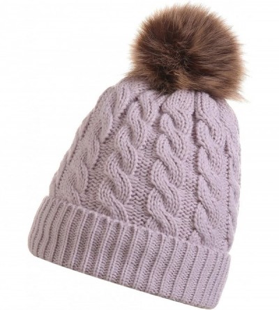 Skullies & Beanies Women's Winter Ribbed Knit Faux Fur Pompoms Chunky Lined Beanie Hats - Rice White - CZ18XX4HU34 $12.20