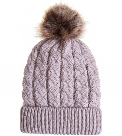 Skullies & Beanies Women's Winter Ribbed Knit Faux Fur Pompoms Chunky Lined Beanie Hats - Rice White - CZ18XX4HU34 $12.20